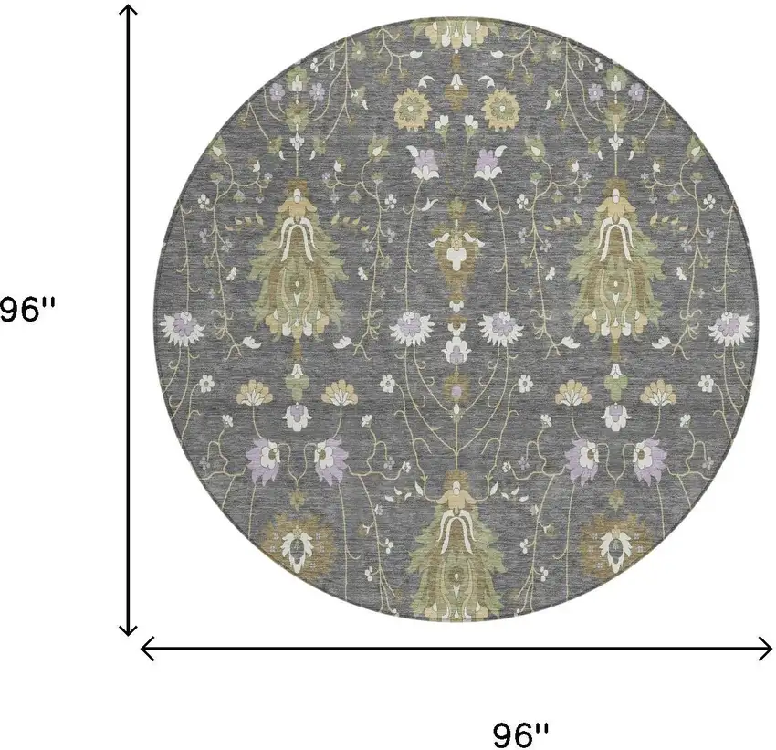 8' Gray And Graphite Round Oriental Washable Indoor Outdoor Area Rug Photo 5