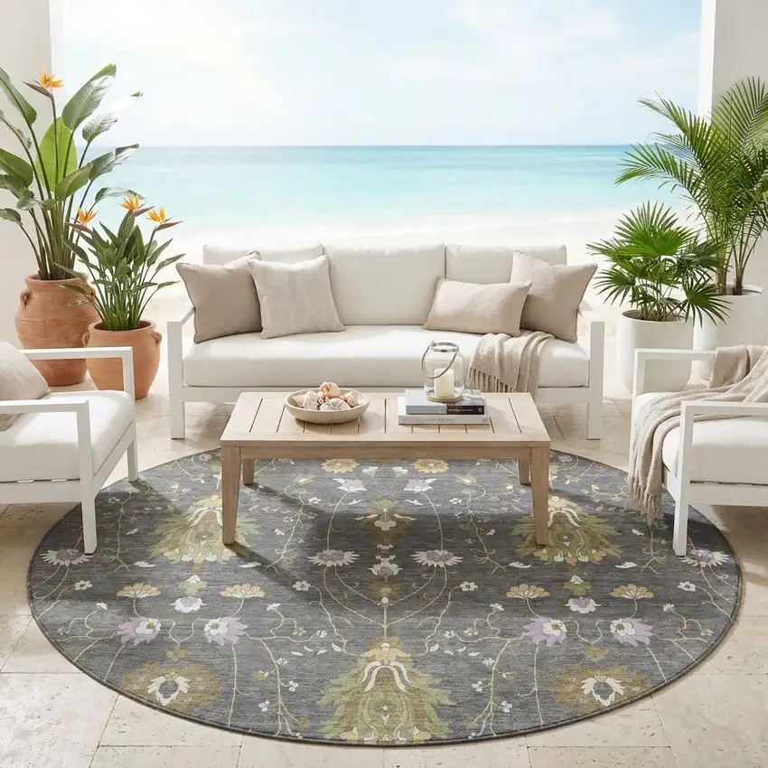 8' Gray And Graphite Round Oriental Washable Indoor Outdoor Area Rug Photo 1