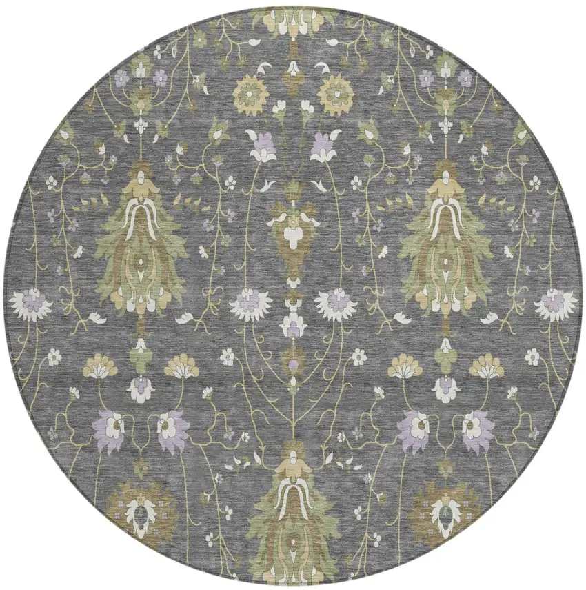 8' Gray And Graphite Round Oriental Washable Indoor Outdoor Area Rug Photo 2