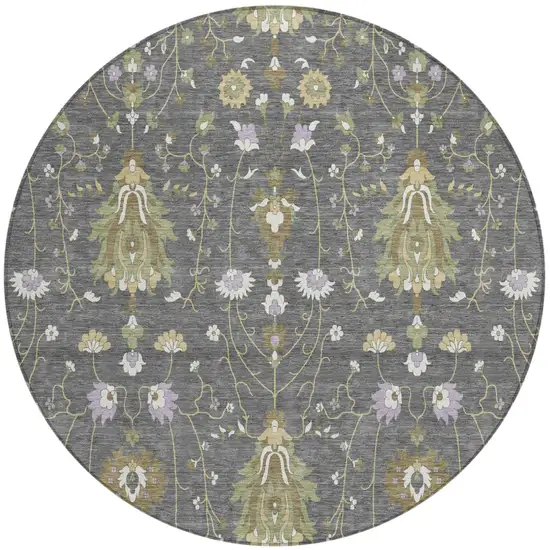 8' Gray And Graphite Round Oriental Washable Indoor Outdoor Area Rug Photo 2