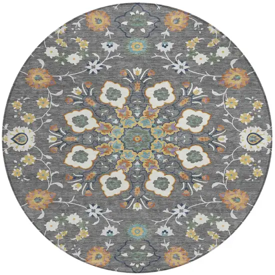 8' Gray And Graphite Round Oriental Washable Indoor Outdoor Area Rug Photo 2