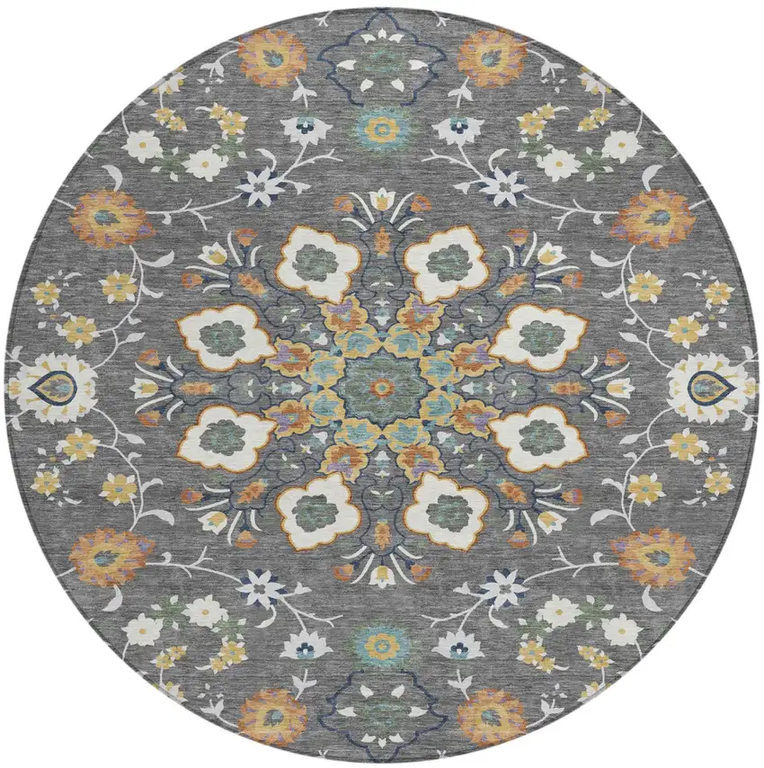 8' Gray And Graphite Round Oriental Washable Indoor Outdoor Area Rug Photo 2