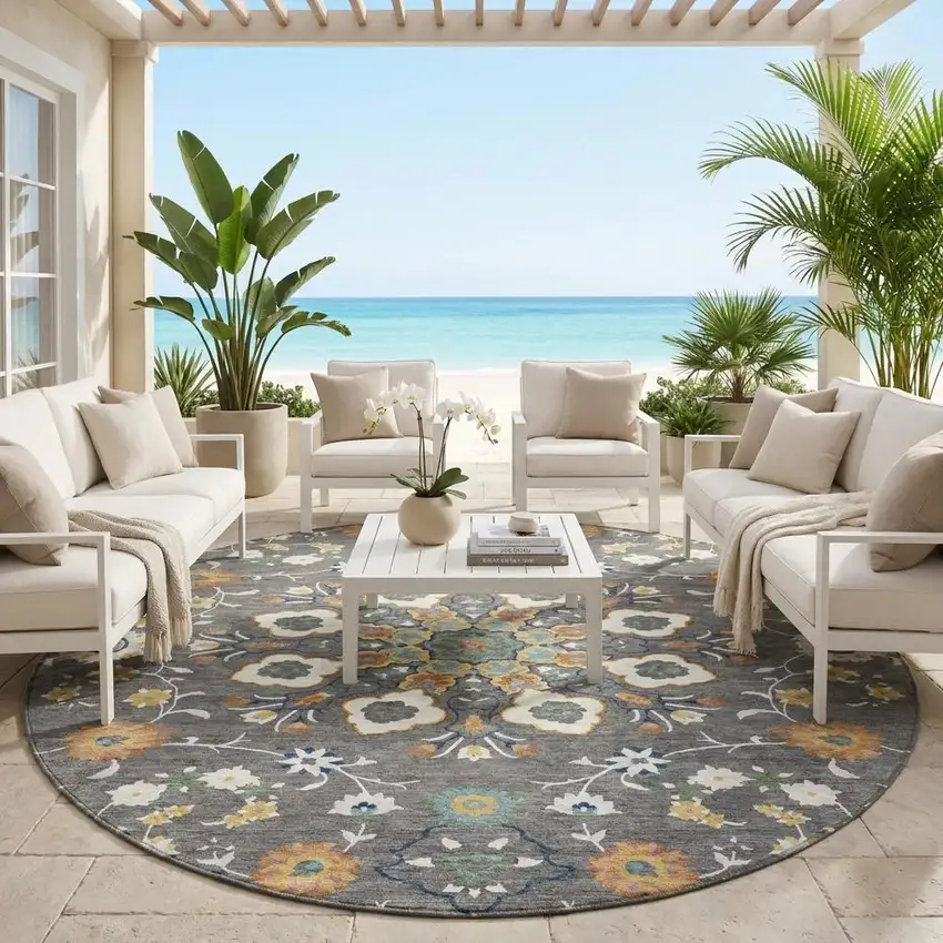 8' Gray And Graphite Round Oriental Washable Indoor Outdoor Area Rug Photo 1