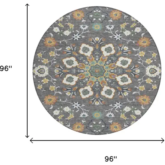 8' Gray And Graphite Round Oriental Washable Indoor Outdoor Area Rug Photo 5