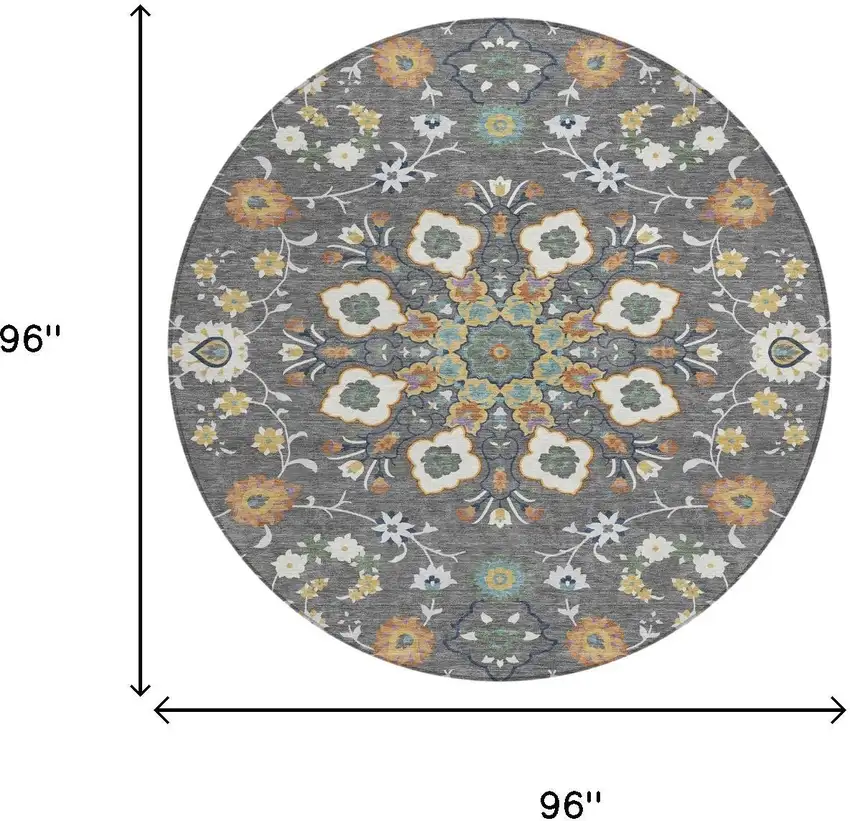 8' Gray And Graphite Round Oriental Washable Indoor Outdoor Area Rug Photo 5