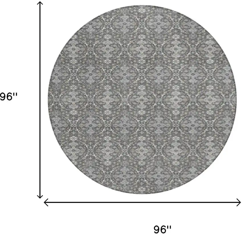 8' Gray And Graphite Round Oriental Washable Indoor Outdoor Area Rug Photo 6