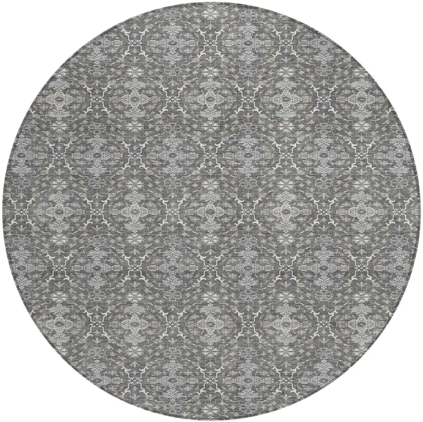 8' Gray And Graphite Round Oriental Washable Indoor Outdoor Area Rug Photo 2