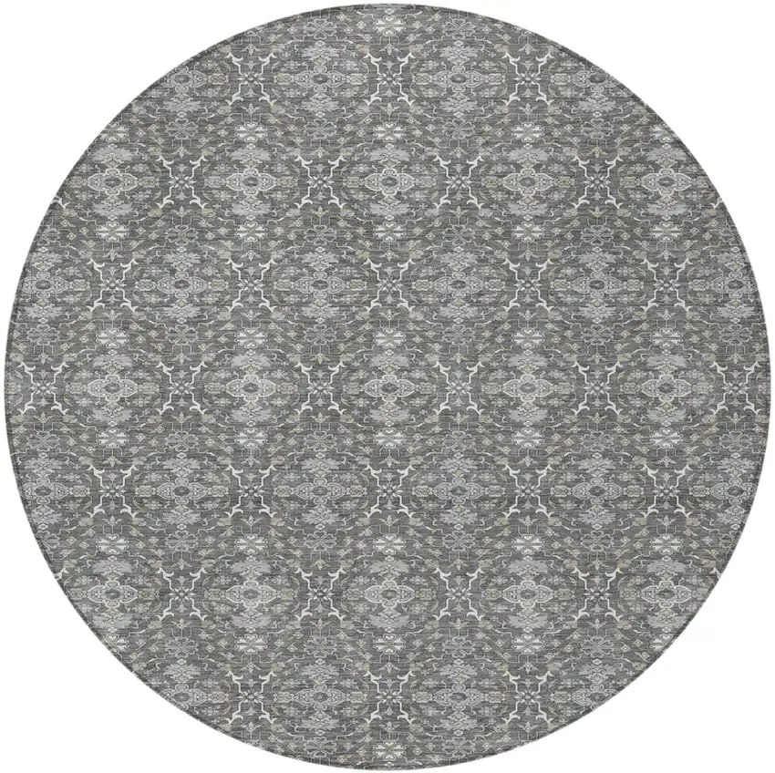 8' Gray And Graphite Round Oriental Washable Indoor Outdoor Area Rug Photo 3