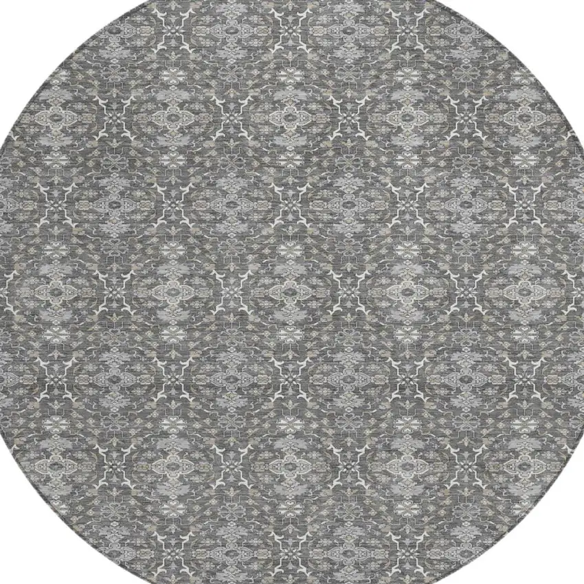 8' Gray And Graphite Round Oriental Washable Indoor Outdoor Area Rug Photo 1