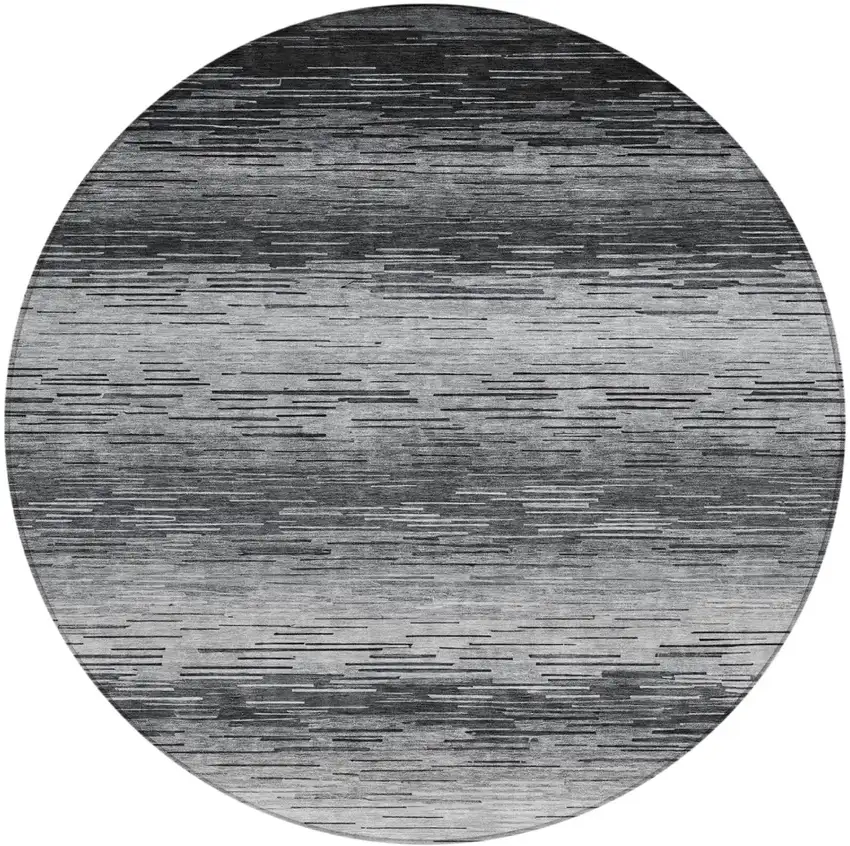 8' Gray And Graphite Round Striped Washable Indoor Outdoor Area Rug Photo 1
