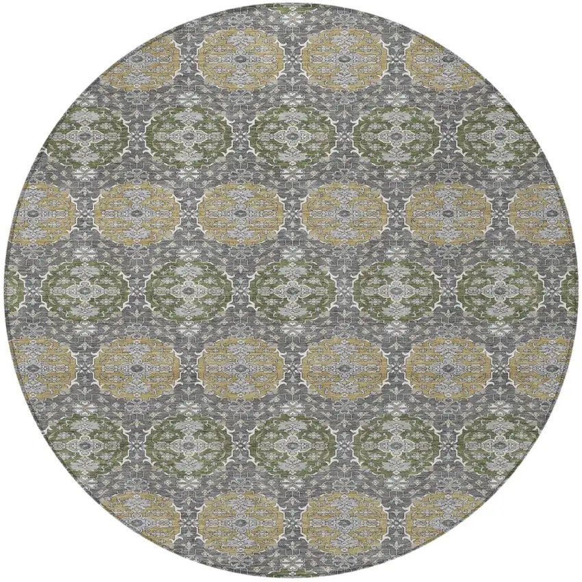 8' Gray And Graphite Round Striped Washable Indoor Outdoor Area Rug Photo 3