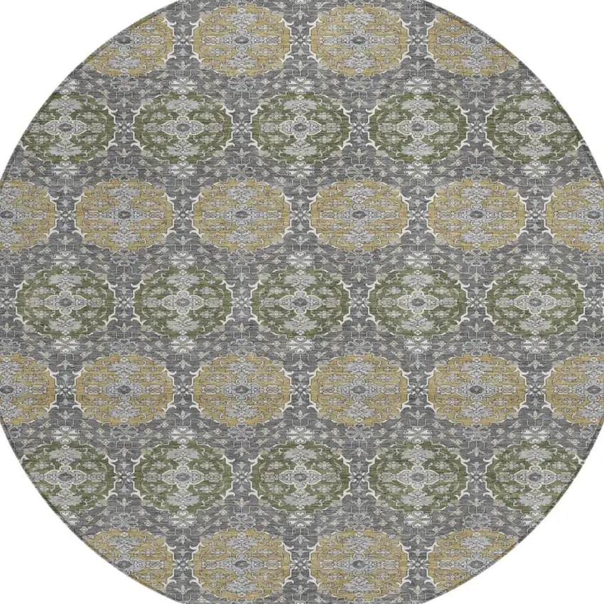8' Gray And Graphite Round Striped Washable Indoor Outdoor Area Rug Photo 1