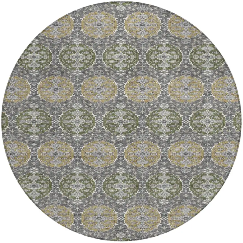 8' Gray And Graphite Round Striped Washable Indoor Outdoor Area Rug Photo 2