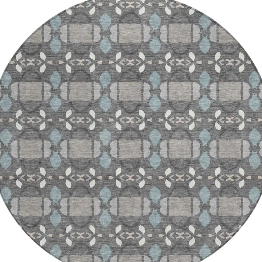 8' Gray And Graphite Round Striped Washable Indoor Outdoor Area Rug Photo 2