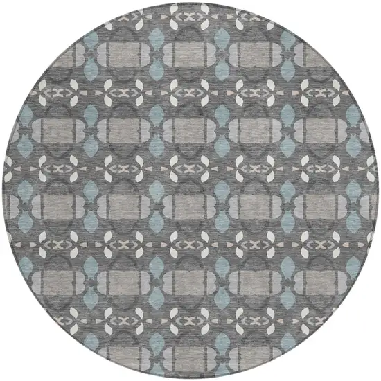 8' Gray And Graphite Round Striped Washable Indoor Outdoor Area Rug Photo 1