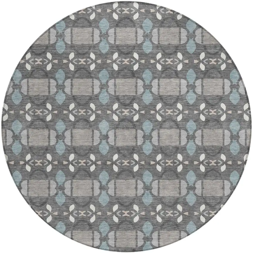 8' Gray And Graphite Round Striped Washable Indoor Outdoor Area Rug Photo 1
