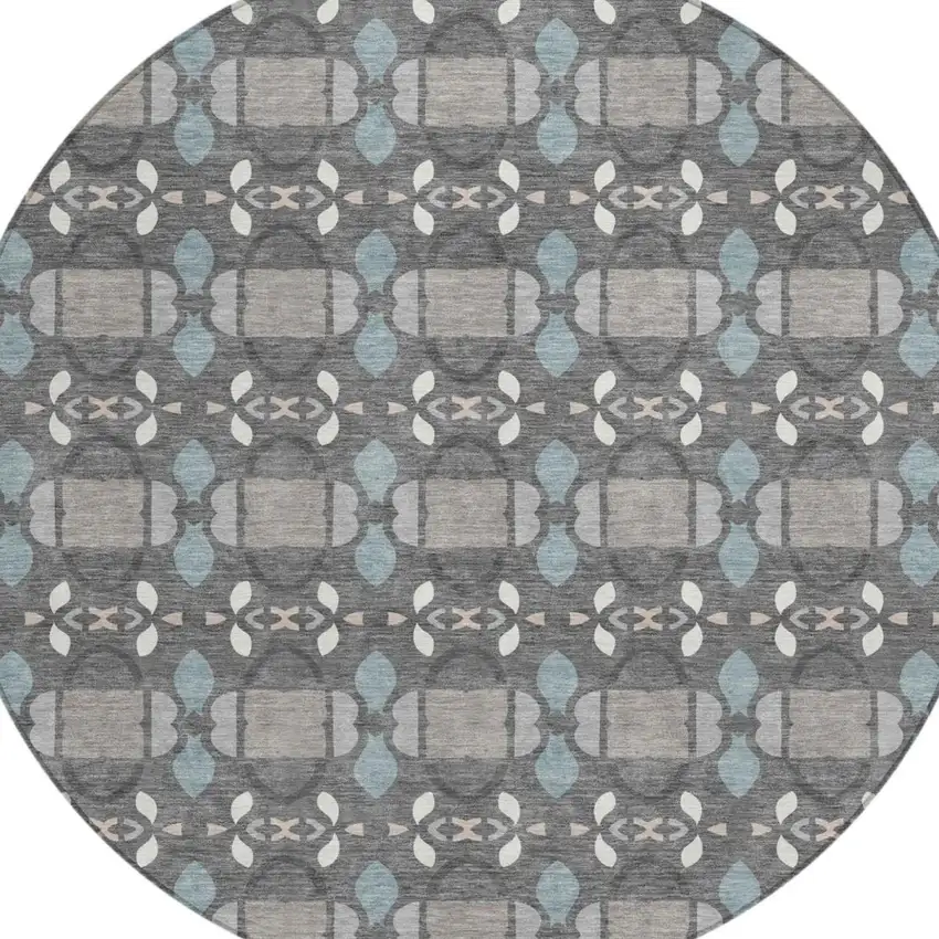 8' Gray And Graphite Round Striped Washable Indoor Outdoor Area Rug Photo 3