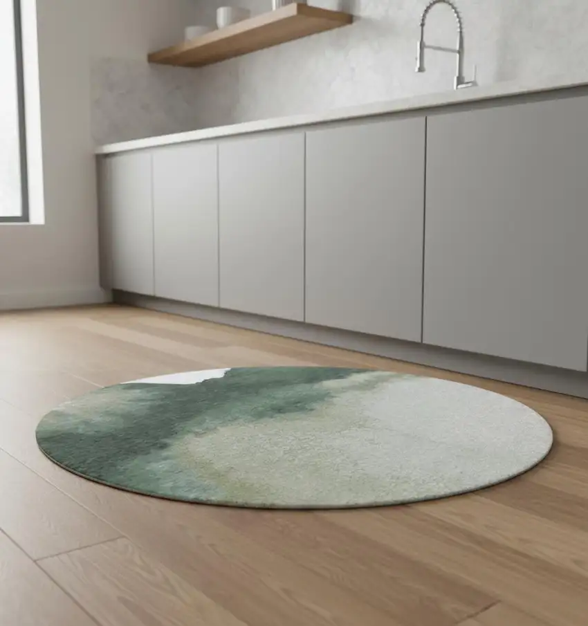 5' Gray And Green Abstract Washable Round Rug Photo 1