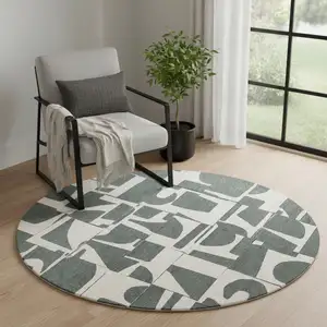 Photo of 5' Gray And Green Geometric Washable Round Rug