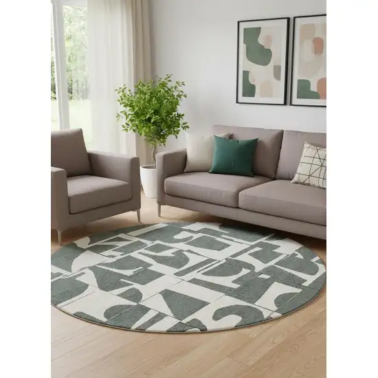 8' Gray And Green Geometric Washable Round Rug Photo 1