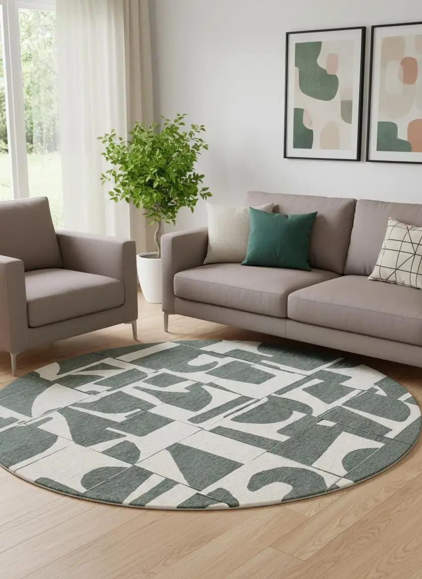 8' Gray And Green Geometric Washable Round Rug Photo 1