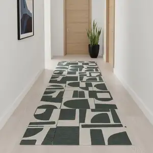 Photo of 10' Gray And Green Geometric Washable Runner Rug