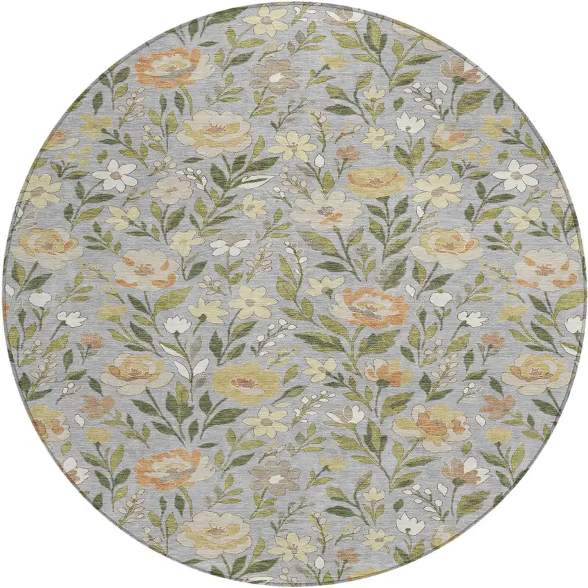 8' Gray And Green Round Floral Washable Indoor Outdoor Area Rug Photo 2