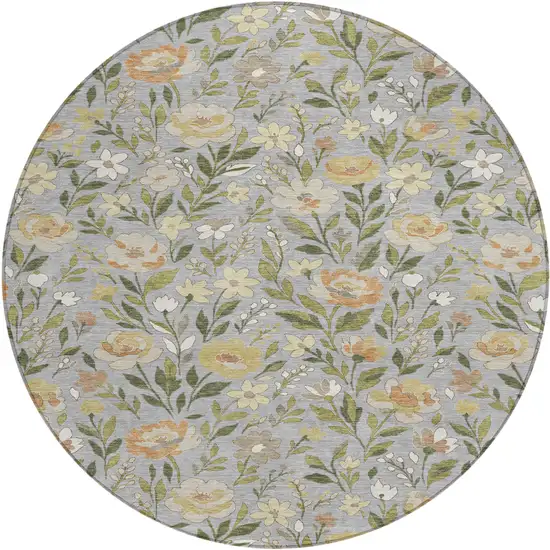 8' Gray And Green Round Floral Washable Indoor Outdoor Area Rug Photo 2