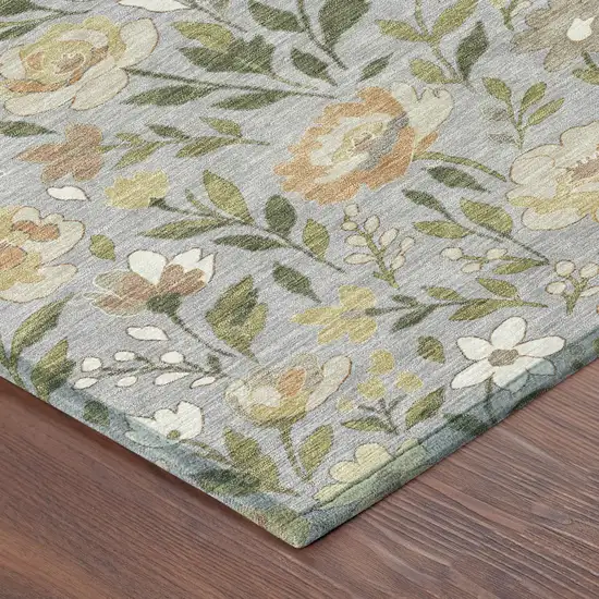 8' Gray And Green Round Floral Washable Indoor Outdoor Area Rug Photo 6