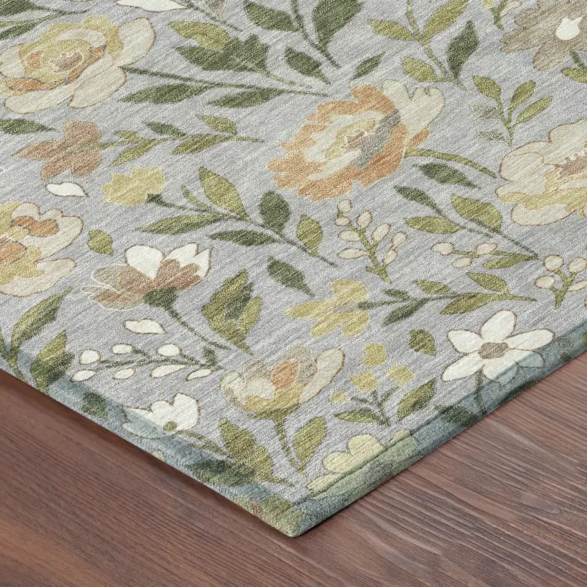 8' Gray And Green Round Floral Washable Indoor Outdoor Area Rug Photo 6