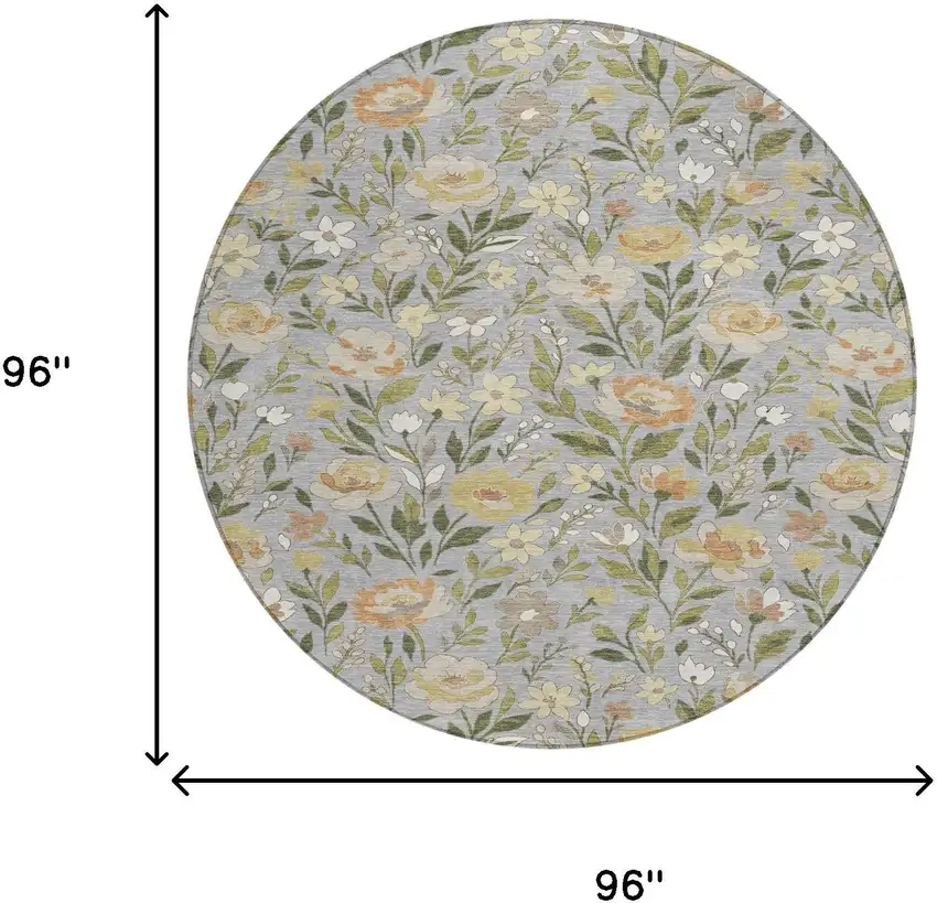 8' Gray And Green Round Floral Washable Indoor Outdoor Area Rug Photo 8