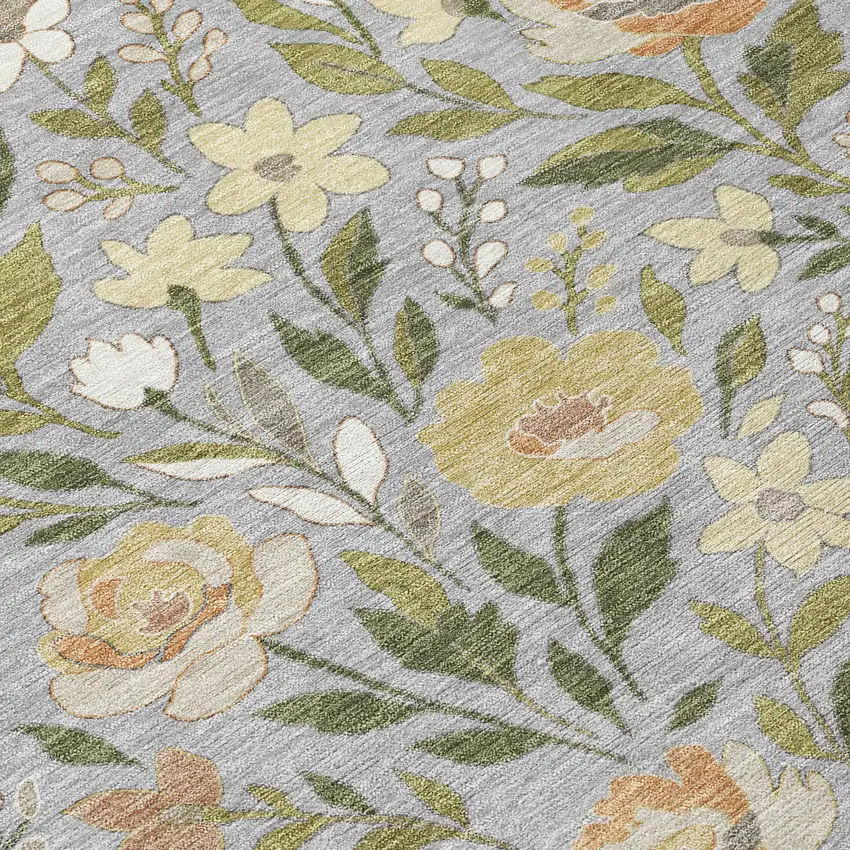 8' Gray And Green Round Floral Washable Indoor Outdoor Area Rug Photo 7
