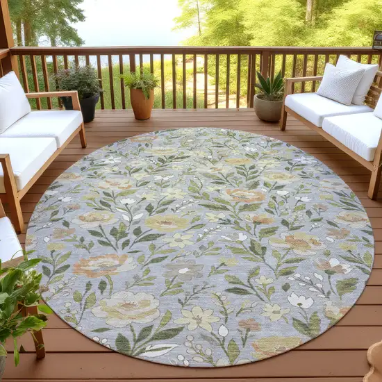 8' Gray And Green Round Floral Washable Indoor Outdoor Area Rug Photo 4