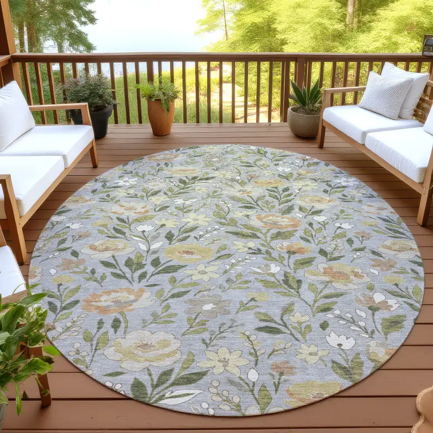 8' Gray And Green Round Floral Washable Indoor Outdoor Area Rug Photo 4