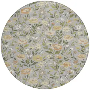 Photo of 8' Gray And Green Round Floral Washable Indoor Outdoor Area Rug