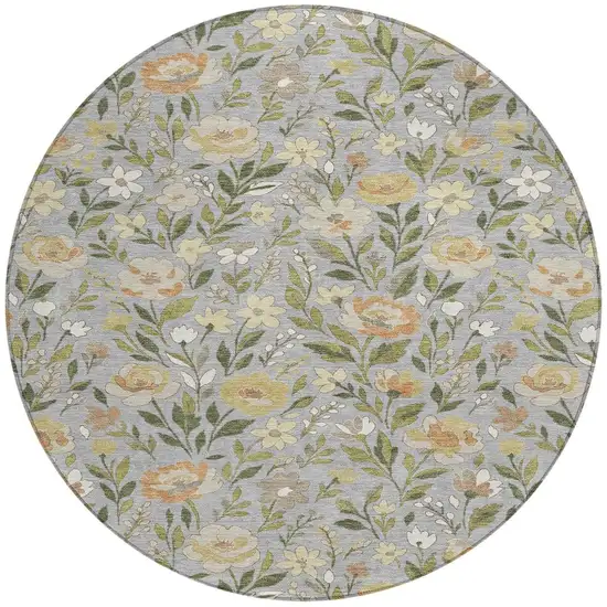 8' Gray And Green Round Floral Washable Indoor Outdoor Area Rug Photo 1
