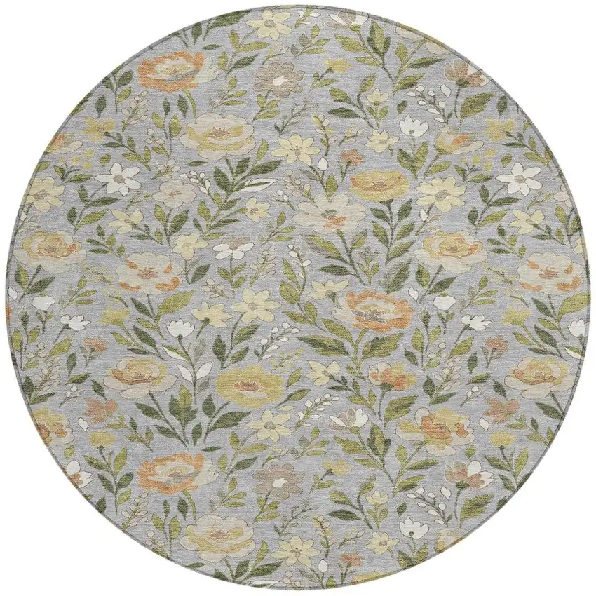 8' Gray And Green Round Floral Washable Indoor Outdoor Area Rug Photo 1