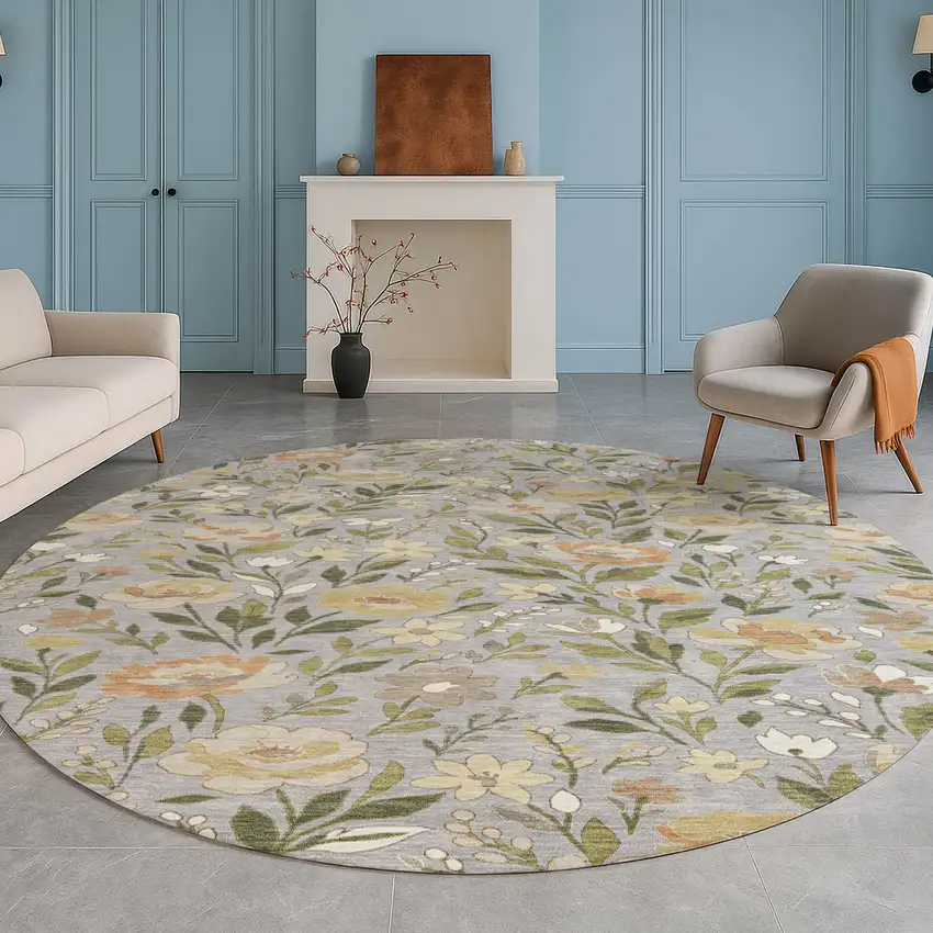 8' Gray And Green Round Floral Washable Indoor Outdoor Area Rug Photo 5