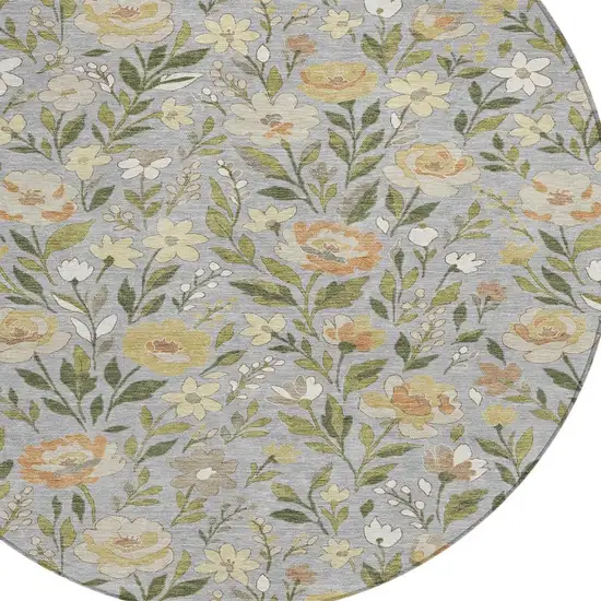 8' Gray And Green Round Floral Washable Indoor Outdoor Area Rug Photo 3