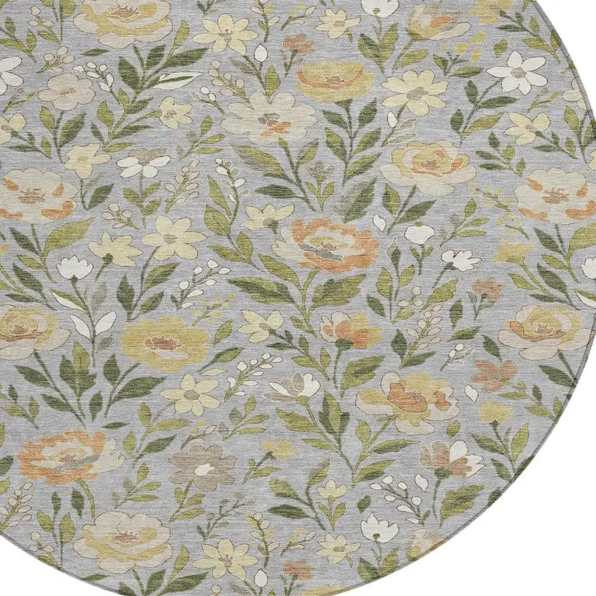 8' Gray And Green Round Floral Washable Indoor Outdoor Area Rug Photo 3