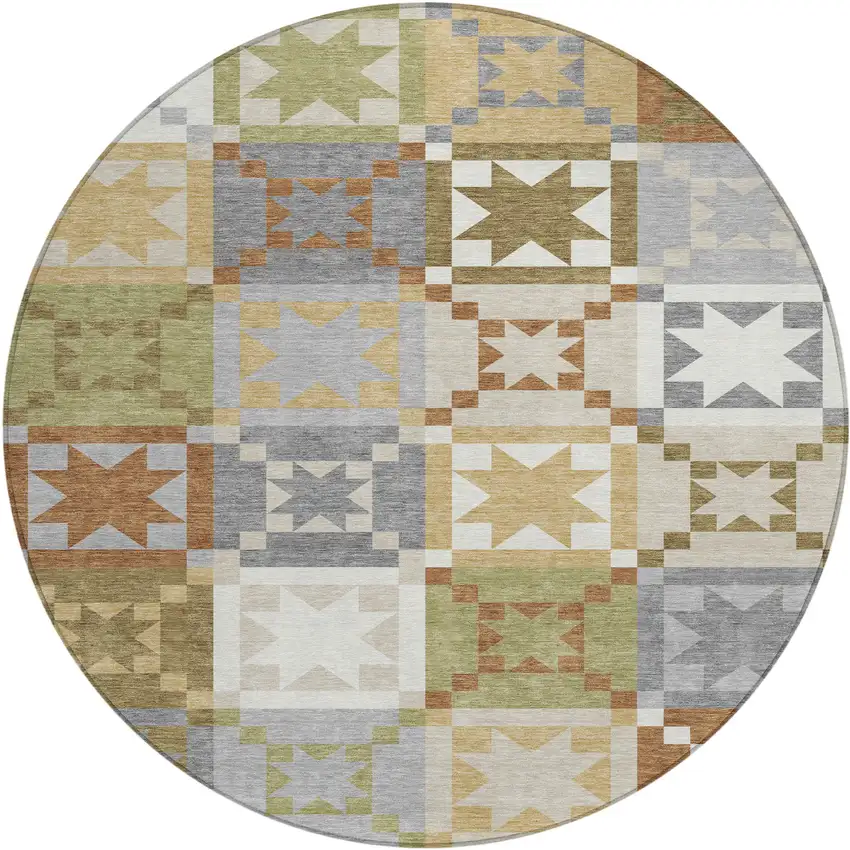 8' Gray And Green Round Patchwork Washable Indoor Outdoor Area Rug Photo 1