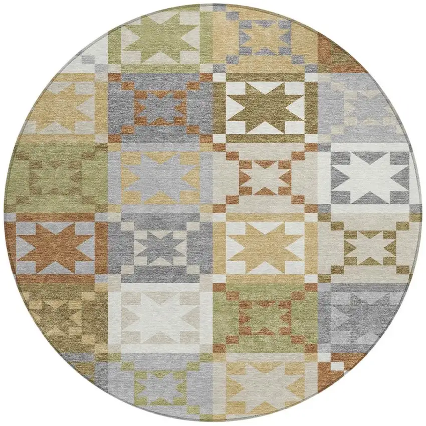 8' Gray And Green Round Patchwork Washable Indoor Outdoor Area Rug Photo 3
