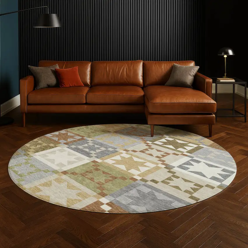 8' Gray And Green Round Patchwork Washable Indoor Outdoor Area Rug Photo 5