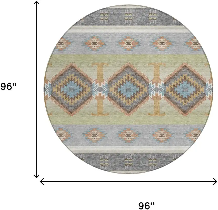 8' Gray And Green Round Southwestern Washable Indoor Outdoor Area Rug Photo 8