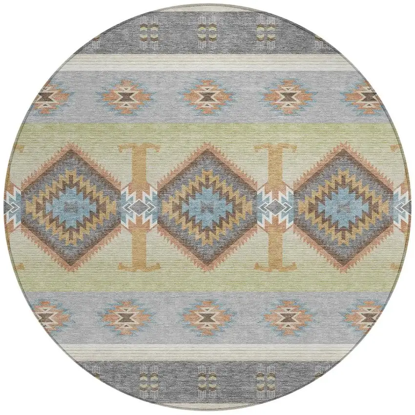 8' Gray And Green Round Southwestern Washable Indoor Outdoor Area Rug Photo 2