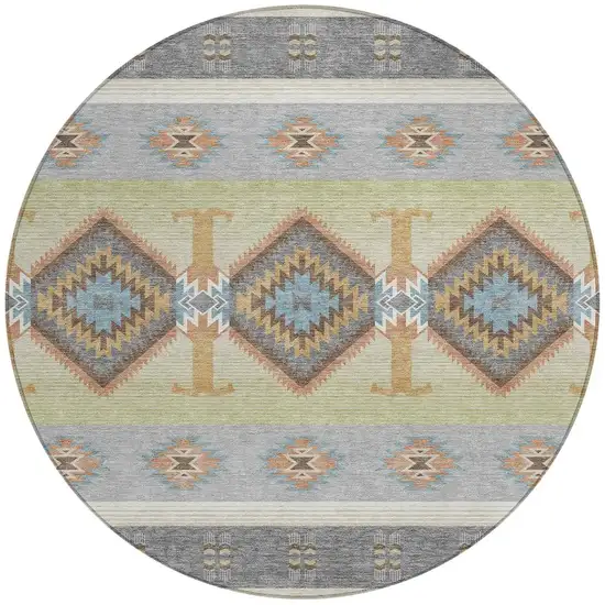 8' Gray And Green Round Southwestern Washable Indoor Outdoor Area Rug Photo 2