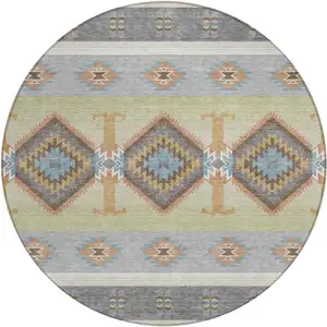 Photo of 8' Gray And Green Round Southwestern Washable Indoor Outdoor Area Rug