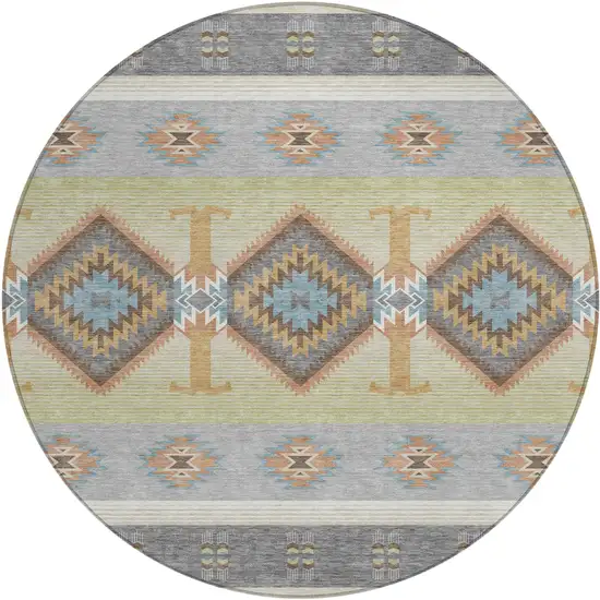 8' Gray And Green Round Southwestern Washable Indoor Outdoor Area Rug Photo 1
