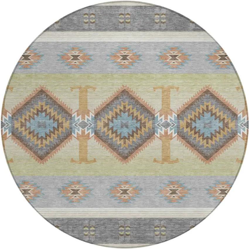 8' Gray And Green Round Southwestern Washable Indoor Outdoor Area Rug Photo 1