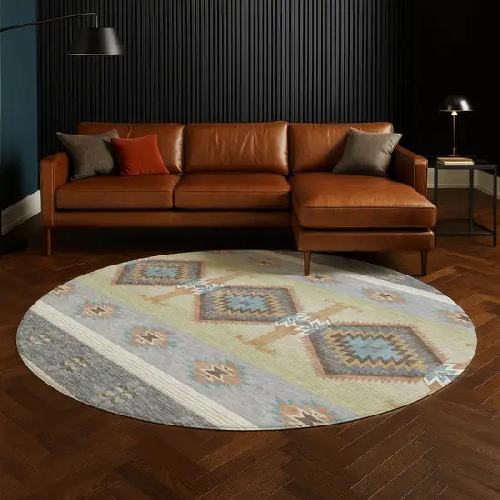 8' Gray And Green Round Southwestern Washable Indoor Outdoor Area Rug Photo 5